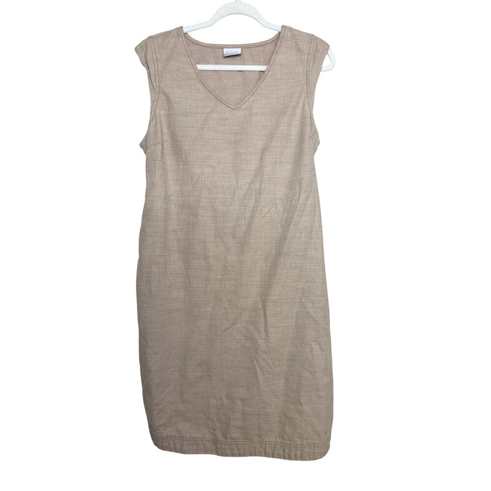 Columbia Women’s Sz L Organic Cotton Shift Dress V Neck Tie Waist Cream Tan